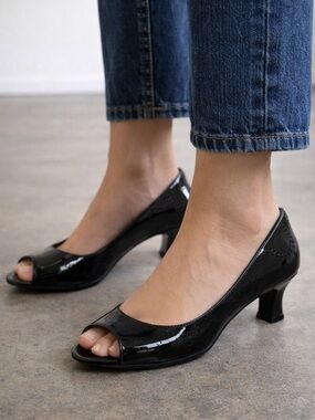 Black Patent Peep Toe Heels Ballerina Core Kitten Heel Glossy Minimalist
